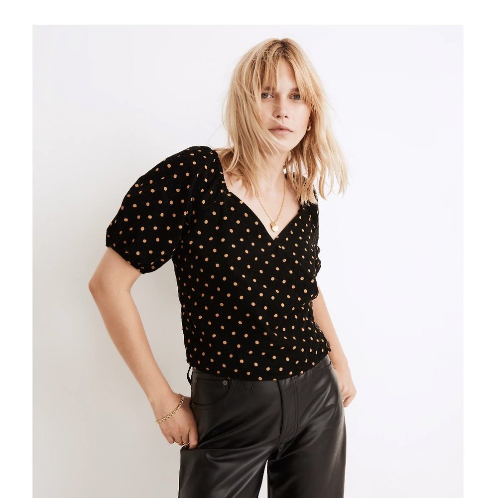 Madewell | NWT Corduroy Puff-Sleeve Wrap Top in Oval Dot NC814 Sz.‎ S